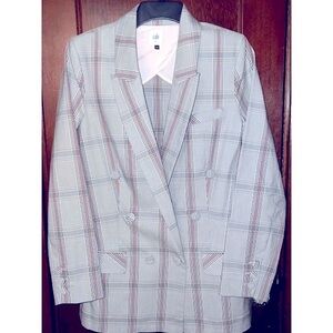 CABI BLAZER GRAY PINK PLAID SLEUTH DOUBLE BREASTED JACKET SZ 8